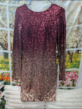 Sequin Ombre Long Sleeve Dress in Burgundy and Rose Gold